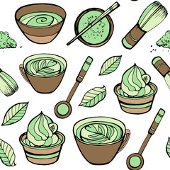 Seamless pattern with matcha elements. Japanese ethnic and national tea ceremony. Hand drawn vector illustration. Can be used for shop, market, fabric, wrapping paper, scrapbooking.