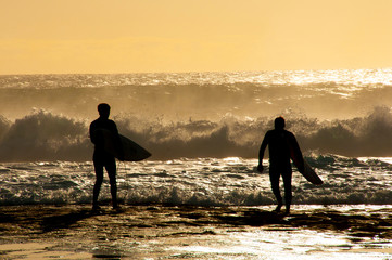 Surfers Silhouette in Ocean - obrazy, fototapety, plakaty