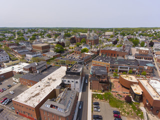 Aerial view of Gloucester City and City Hall, Cape Ann, Massachusetts, USA.