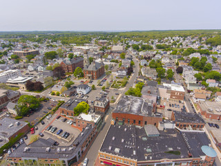 Aerial view of Gloucester City and City Hall, Cape Ann, Massachusetts, USA.