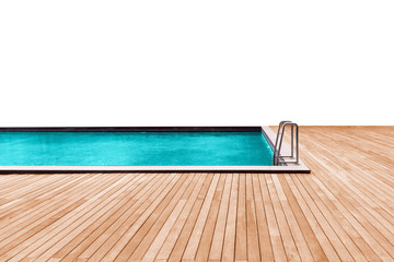 Swimming pool with wooden deck and stainless stair.