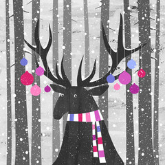 Vector illustration of a deer with scarf and Christmas ornaments on its horns on background of pine tree forest
