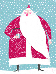 Christmas vector illustration of cute Santa Claus holding tiny gift box on background of snowfall