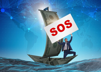 Businessman asking for help with SOS message on boat
