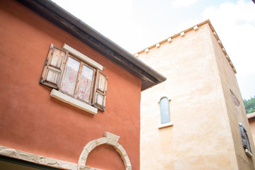 Old wooden windows in european style.