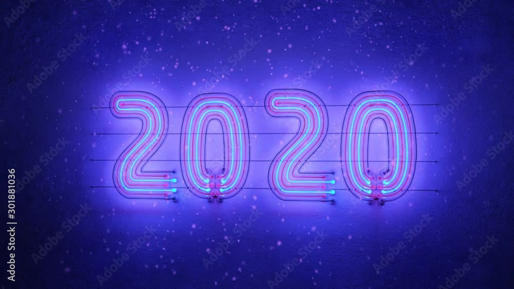 Poster neon text 2020 on wall and snowfall. christmas and new year celebration. seamless loop 3d render ani