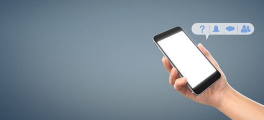 Man hand holding smartphone device and touching screen