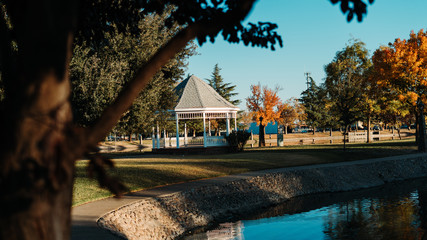 gazebo on the lake in autumn