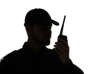 Silhouette of male security guard on white background