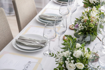 Beautiful table setting for wedding celebration in restaurant