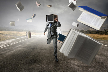 Monitor headed businessman. Mixed media