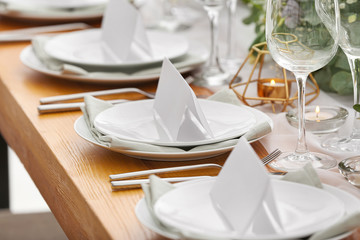 Beautiful table setting for wedding celebration in restaurant