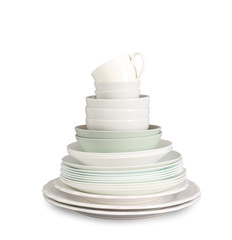 Set of tableware on grey background