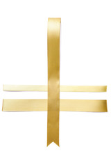 Blank sheet of paper with golden ribbon on white background