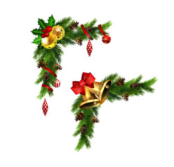Christmas decorations with fir tree golden jingle bells