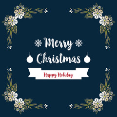 Modern lettering of christmas happy holiday, with leaf flower frame, isolated on dark blue background. Vector