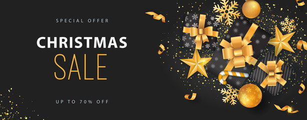 Fototapeta na wymiar Christmas sale banner black background template with glitter gold elements, snowflakes, stars, gifts