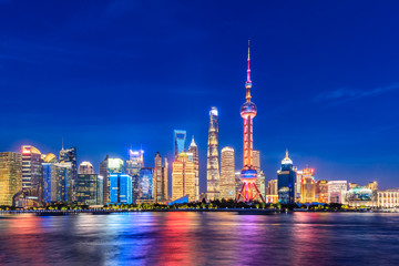 Obraz premium Beautiful night,architectural landscape and blue sky in Shanghai