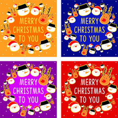 Set of colorful christmas greeting cards - santa claus, reindeer, snowman illustration