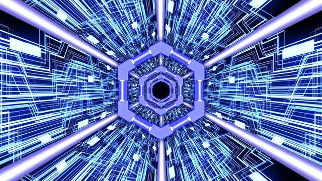 Abstract digital tunnel with hexagon borders and digital ciruit in the futuristic design (full blue)