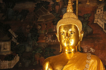 2019 July 22. Bangkok Thailand. golden Phra Buddha Deva Patimakorn statue in the Main church Hall of Wat Pho Temple.