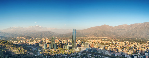 Panorama of Santiago, Chile with the Andes mountains as a backdrop, as seen from Cerro San Cristobal