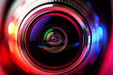 Camera lens with red and blue backlight. Macro photography lenses. Horizontal photography