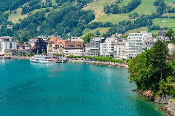 Switzerland, Panoramic view on Brunnen and lake Lucerne