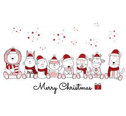 Christmas design with the cute animal cartoon in floral frame. Hand drawn cartoon style