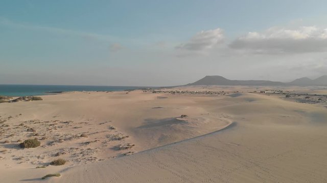 Dune desert Aerial drone footage Dunas de Corralejo, Fuerteventura, Canary Islands Spain