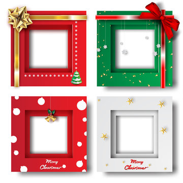Merry Christmas and Happy new year border frame photo design set on transparency background.Creative origami paper cut and craft style.Holiday decoration gift card.Winter season vector illustration