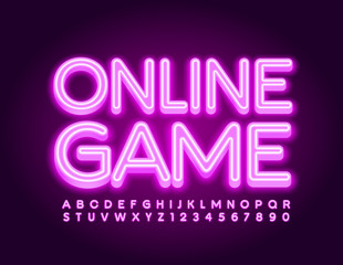 Vector bright sign Online Game with neon violet Font. Electric glowing Alphabet Letters and Numbers