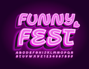 Vector bright poster Funny Fest. Violet neon Font. Electric Alphabet Letters and Numbers