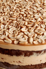 Cake with peanuts and caramel, close-up. Homemade cakes, small business.