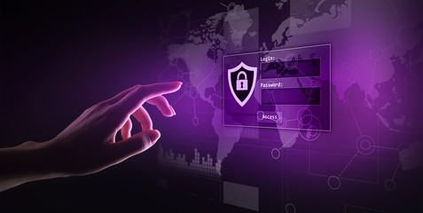 Access window with login and password on virtual screen. Cyber security and personal data protection concept.