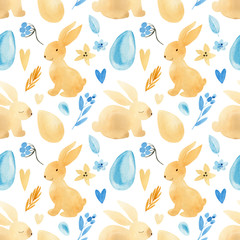 Easter watercolor, seamless pattern on a white background, flowers, leaves, bunnies