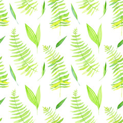 Easter watercolor, seamless pattern on a white background, fern, leaves