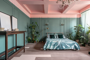 Morning interior in bedroom hotel. Bright and clean interior design of a modern room with bed,...