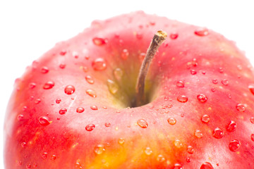 Macro of fresh red wet apples with drops. Healthy eating.