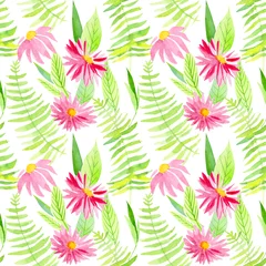 Selbstklebende Fototapeten spring watercolor, seamless pattern on a white background, pink flowers, leaves,  fern © Hanna