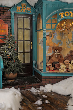 Vintage toy store on Christmas with bears in a shop window