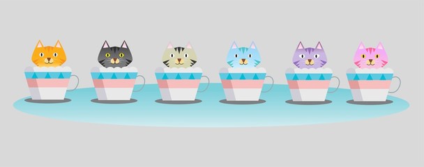 Six-colored kittens are having fun choosing their coffee cups