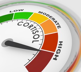 Hormone cortisol level measuring scale. Health care concept illustration. 3D rendering
