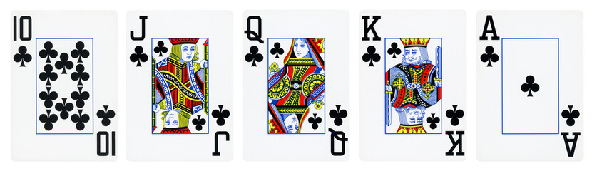 Clubs Suit Playing Cards, Set include Ace, King, Queen, Jack and Ten - isolated on white.