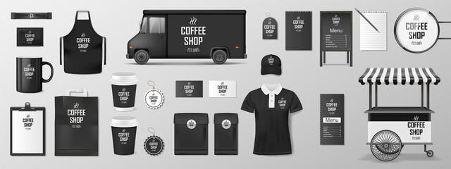 Mockup set for coffee shop, cafe or restaurant. Coffee corporate identity design. Realistic set of cardboard, paper pack, Food delivery truck, cup, pack, uniform, shirt, street menu