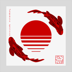 Japanese pattern, two decorative Koi carp fish, rising sun. Poster with trendy modern design template for covers, cards. Vector illustration, objects of red color on white background.
