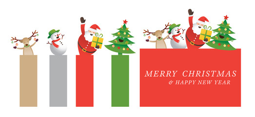 Christmas, Santa Claus and Friends Banner, Snowman, Reindeer, Pine Tree, Happy New Year © muchmania