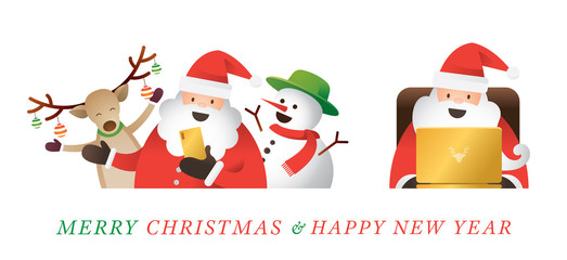 Santa Claus use Smartphone and Laptop Online, Live or Chat, Merry Christmas and Happy New Year