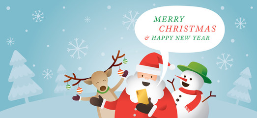 Santa Claus and Friends use Smartphone Online, Live or Chat, Merry Christmas and Happy New Year