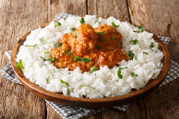 Rustic style Chicken dhansak is a lentil curry with spices served with rice closeup in a plate. horizontal